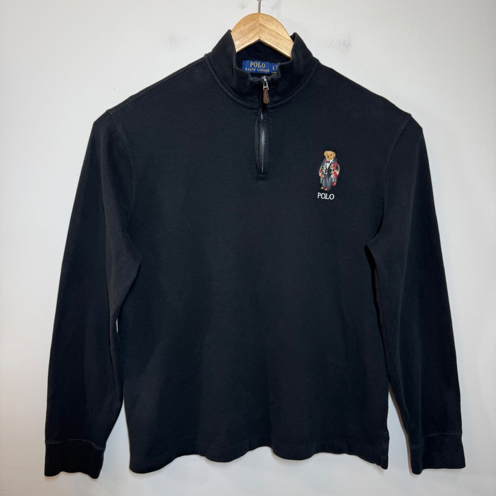 Polo Ralph Lauren Polo Bear Patchwork Smoking Jacket 1/4 Zip Pullover Black L